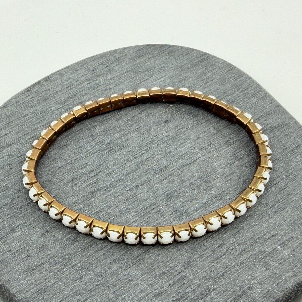Dainty White Stone Stretch Bracelet Bronze Tone Minimalist Stackable Jewelry 90s